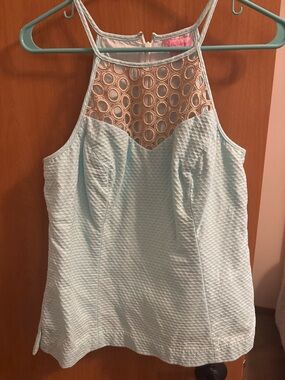 Lilly Pulitzer Light Blue Halter Camisole with Beige Lace Yoke
